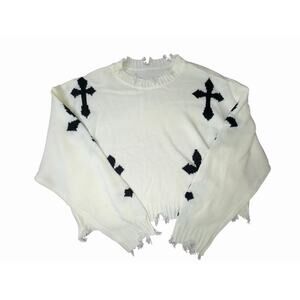 White Distressed Knit Sweater with Black Cross Details